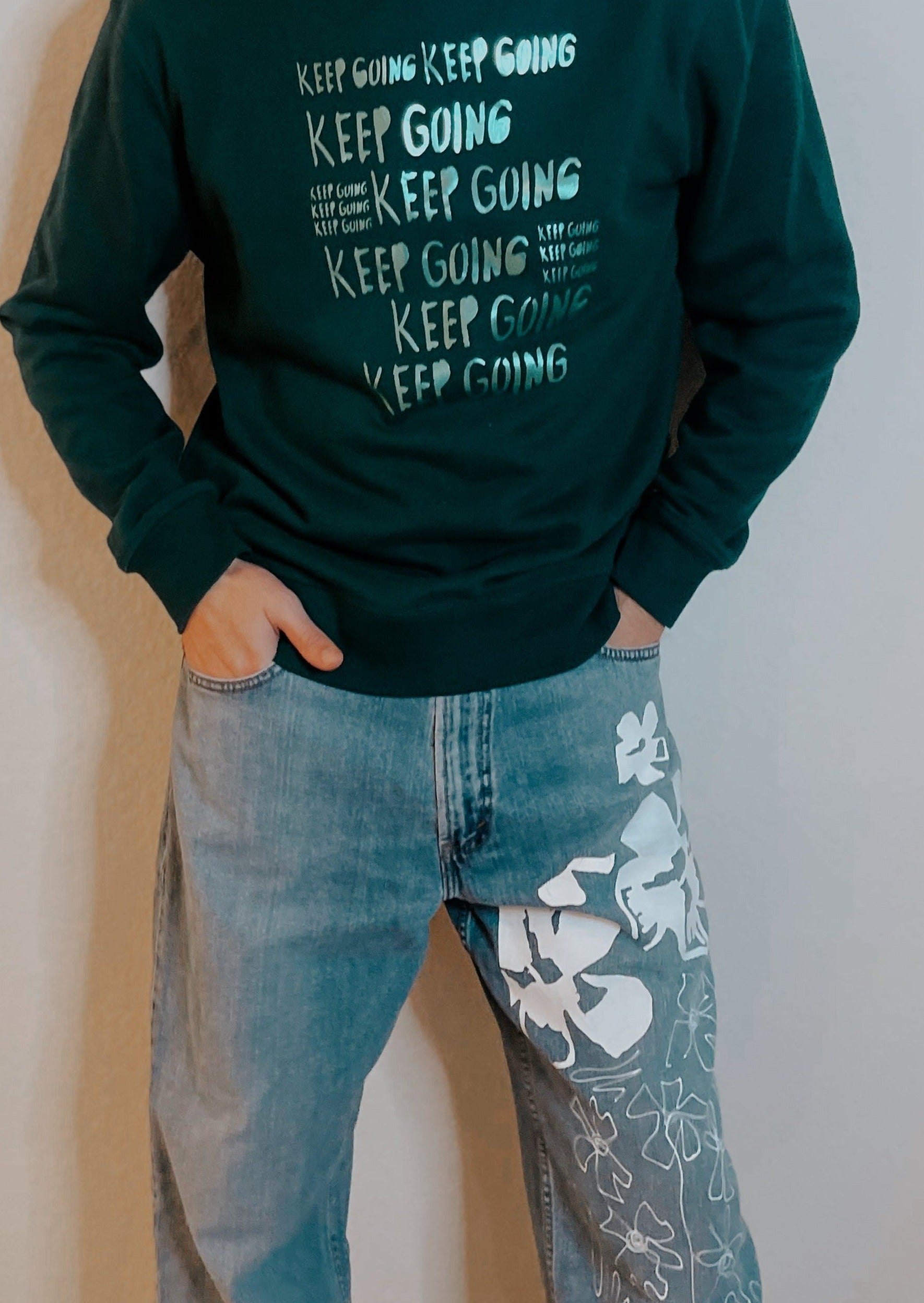 keep going, green metallic sweatshirt